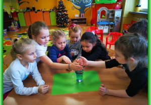 Sówki obserwują mieszanie się oleju, wody, barwnika i efekt wrzucenia tabletki musującej