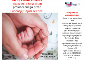 Plakat "Świątecznej Paczki" zachęcający do zbiórki darów dla dzieci z hospicjum w Łodzi