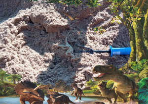 Dzieci szukają dinozaurów ukrytych w piaskownicy - w ramce z dinozaurami