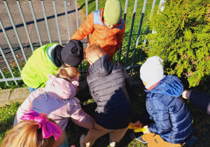 Dzieci kucają i wkopują młode drzewko do ziemi w ogrodzie przedszkolnym.