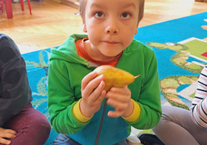 Chłopiec siedzi na dywanie i trzyma w rączkach gruszkę.