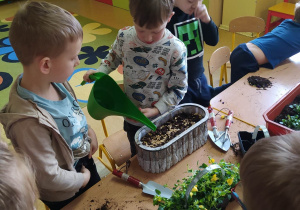 Dzieci przy stoliku sadzą bratki i sieją owies wielkanocny