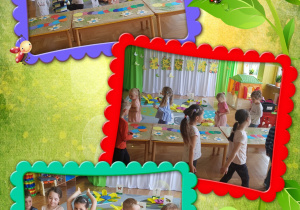 Zdjęcia w ozdobnych ramkach. Dzieci uczestniczą w zajęciach o majowej łące.