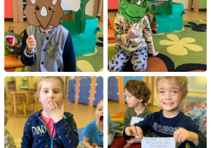 Dzieci w maskach dinozaurów oraz wykonujące ćwiczenia logopedyczne